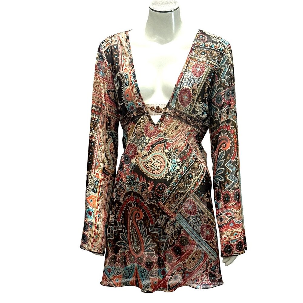 Mix It Paisley Print Deep V Neck Medium Boho Chic Patchwork Empire Waist Trim - Picture 2 of 15